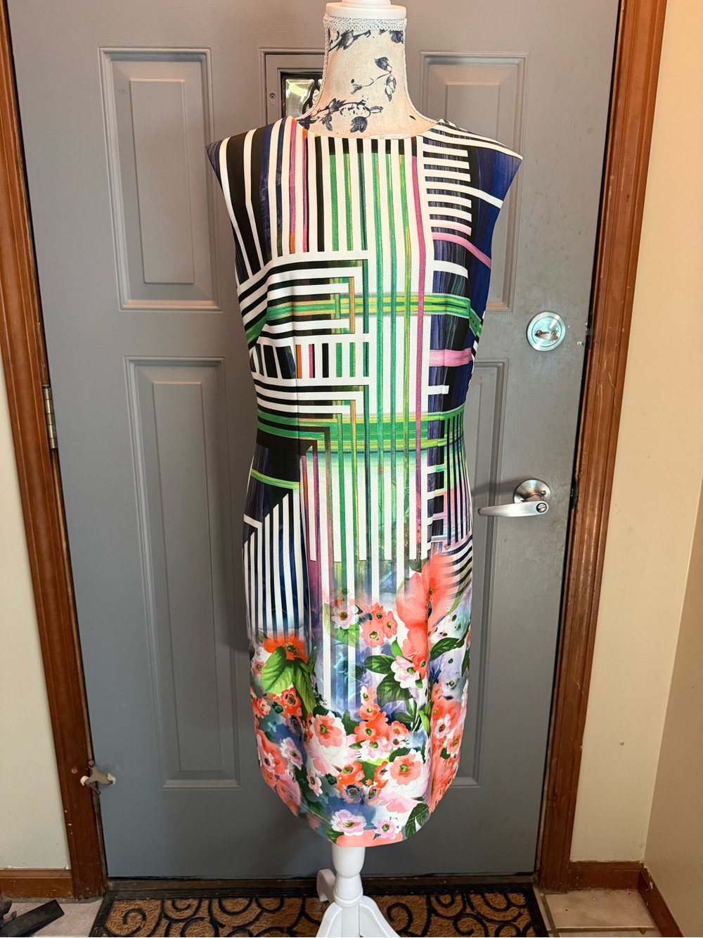 Floral/Abstract Geometric Stripe Scuba Dress in Multi-Color (10)Madison Leigh